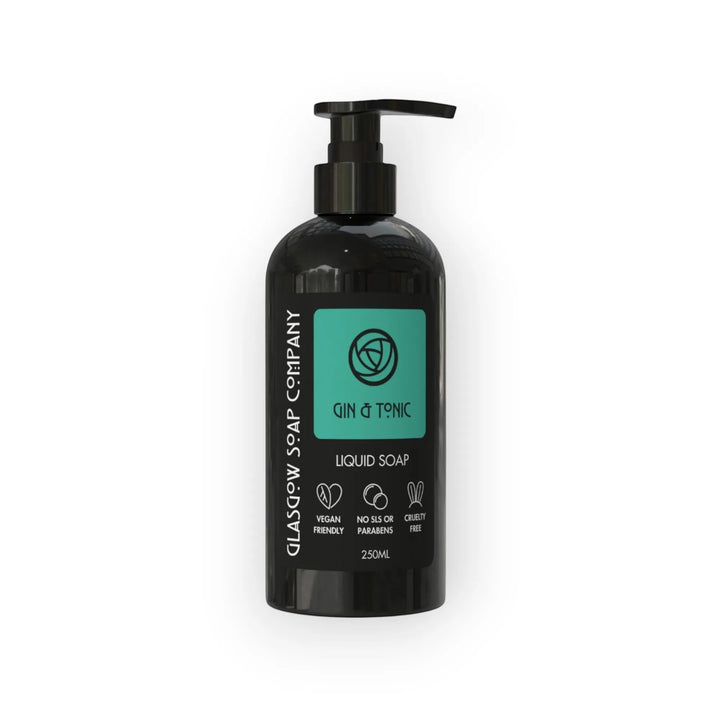 Glasgow Soap Company Ltd Gin &amp; Tonic liquid soap in a black pump bottle with a teal label. 250ml.