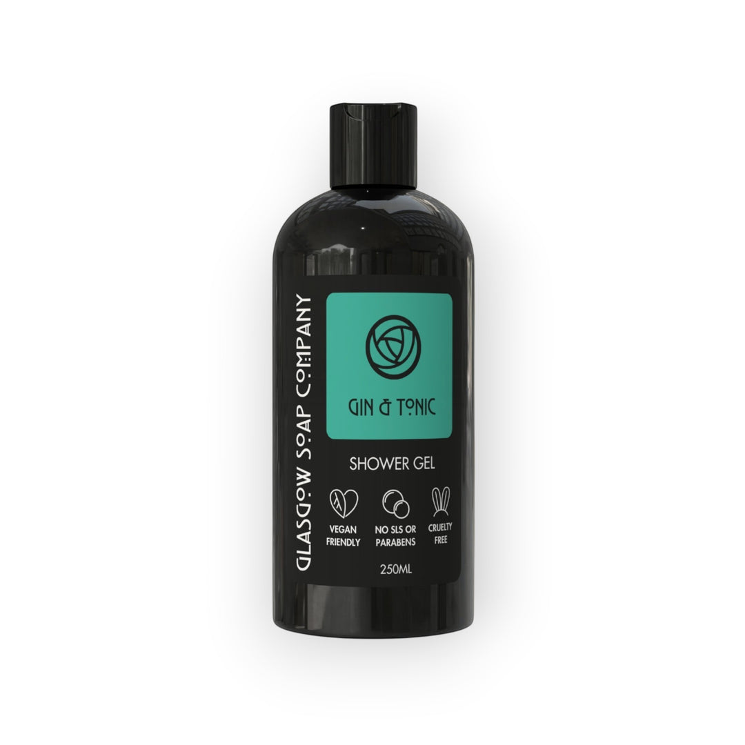 Glasgow Soap Company Ltd Gin &amp; Tonic shower gel, 250ml bottle. Vegan, no SLS or parabens, cruelty-free.