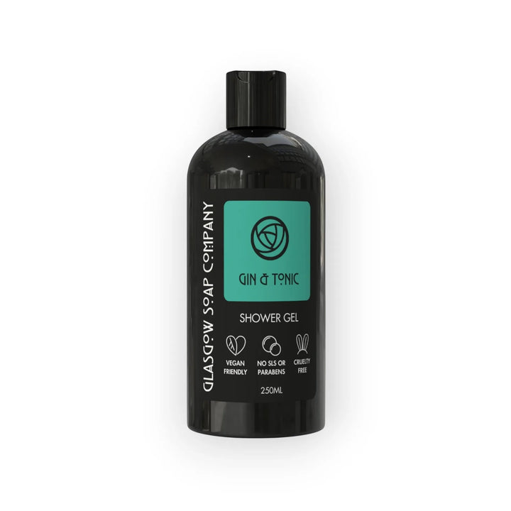 Glasgow Soap Company Ltd Gin &amp; Tonic shower gel, 250ml bottle with zesty lime and botanical fragrance. Vegan, cruelty-free.