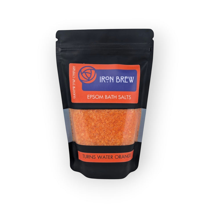 Glasgow Soap Company Ltd Iron Brew Epsom Bath Salts in orange crystals, turns water orange.