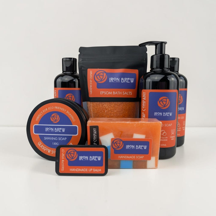 Glasgow Soap Company Ltd Iron Brew bubble bath set with handmade soap, lip balm, shaving soap, and bath salts.
