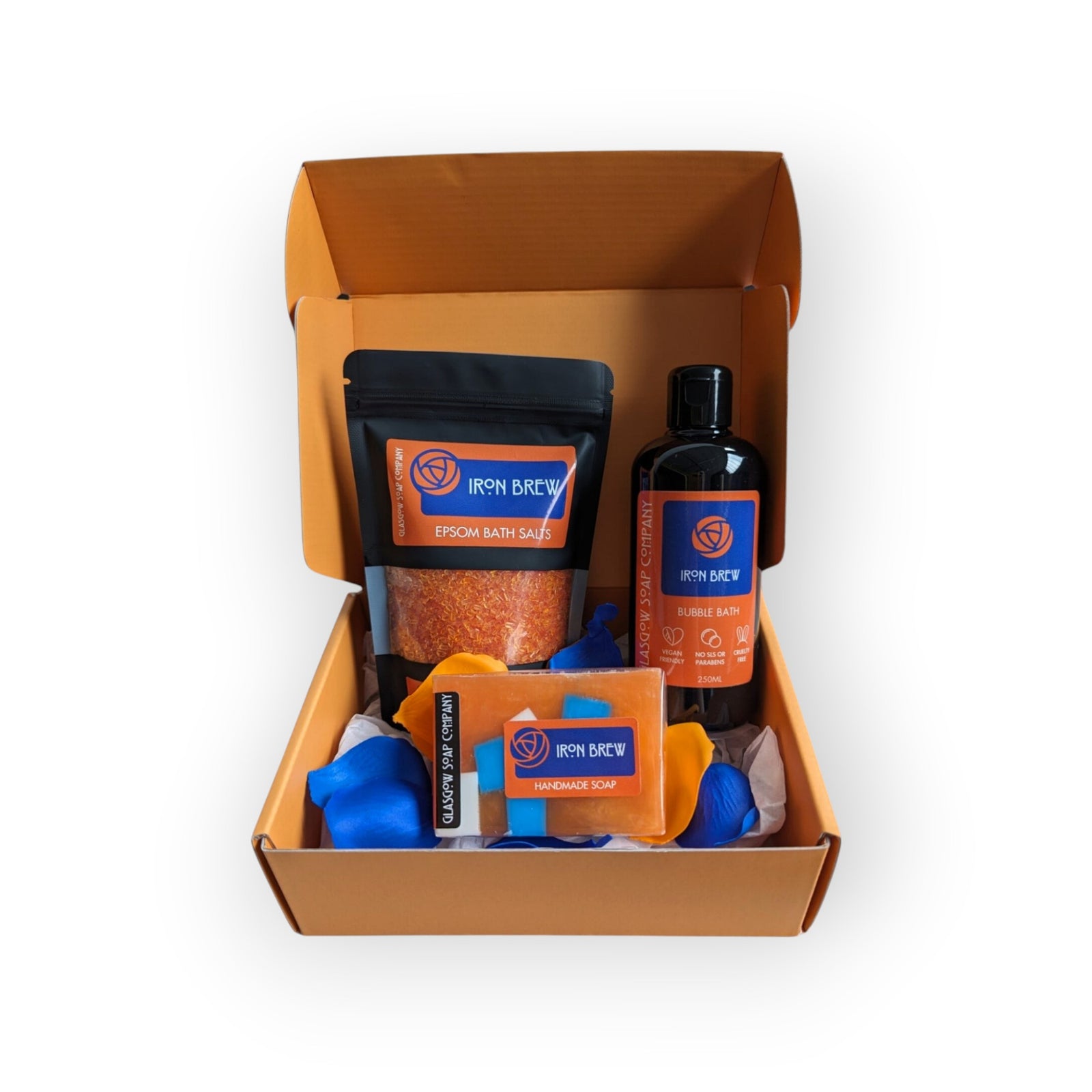 Glasgow Soap Company Ltd Iron Brew bath set with Epsom salts, handmade soap, bubble bath, and soap petals.