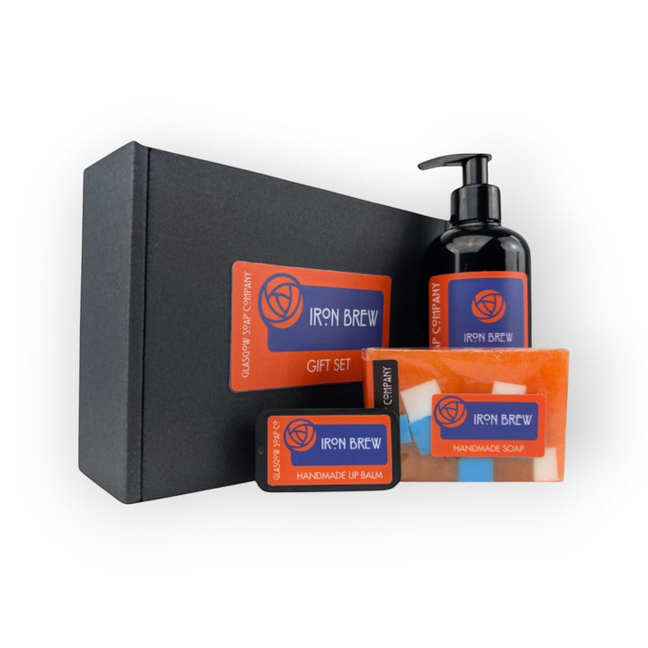Glasgow Soap Company Ltd Iron Brew gift set with liquid soap, handmade soap, and lip balm. Vegan and cruelty-free.
