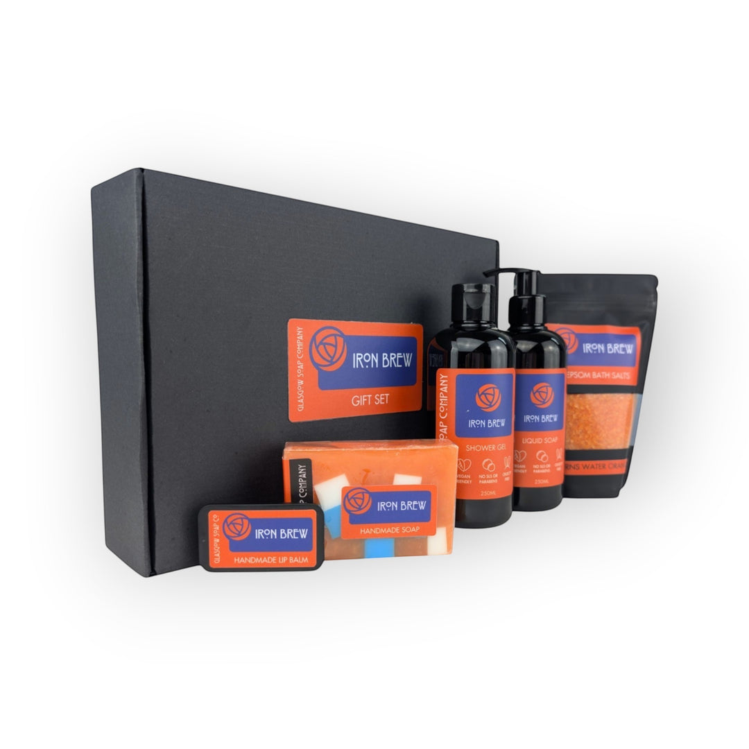 Glasgow Soap Company Ltd Iron Brew gift set with liquid soap, shower gel, bath salts, handmade soap, and lip balm.