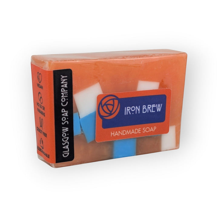 Glasgow Soap Company Ltd Iron Brew handmade soap bar, orange with white and blue chunks, vegan, SLS/paraben free.
