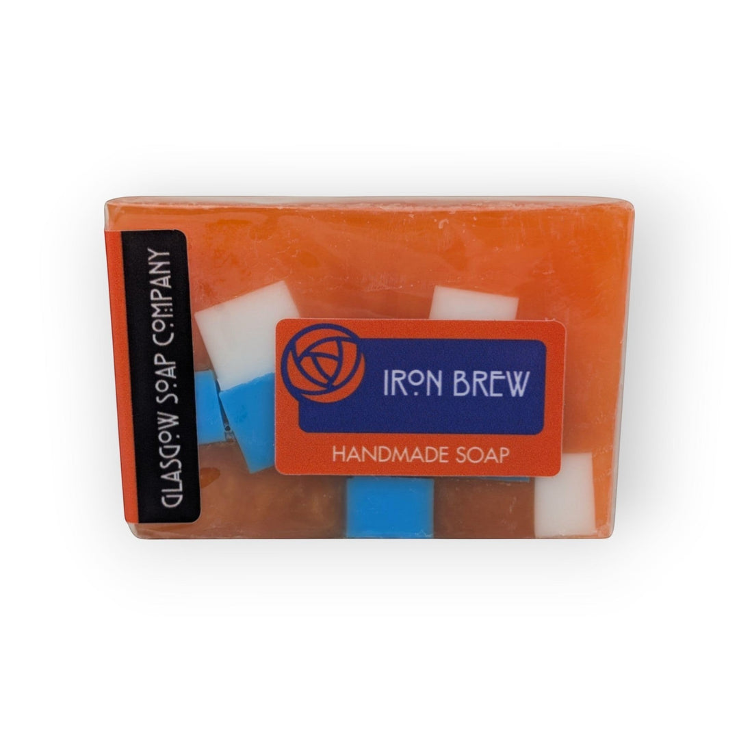 Glasgow Soap Company Ltd Iron Brew handmade soap bar with orange, white, and blue chunks. Vegan and SLS/Paraben free.
