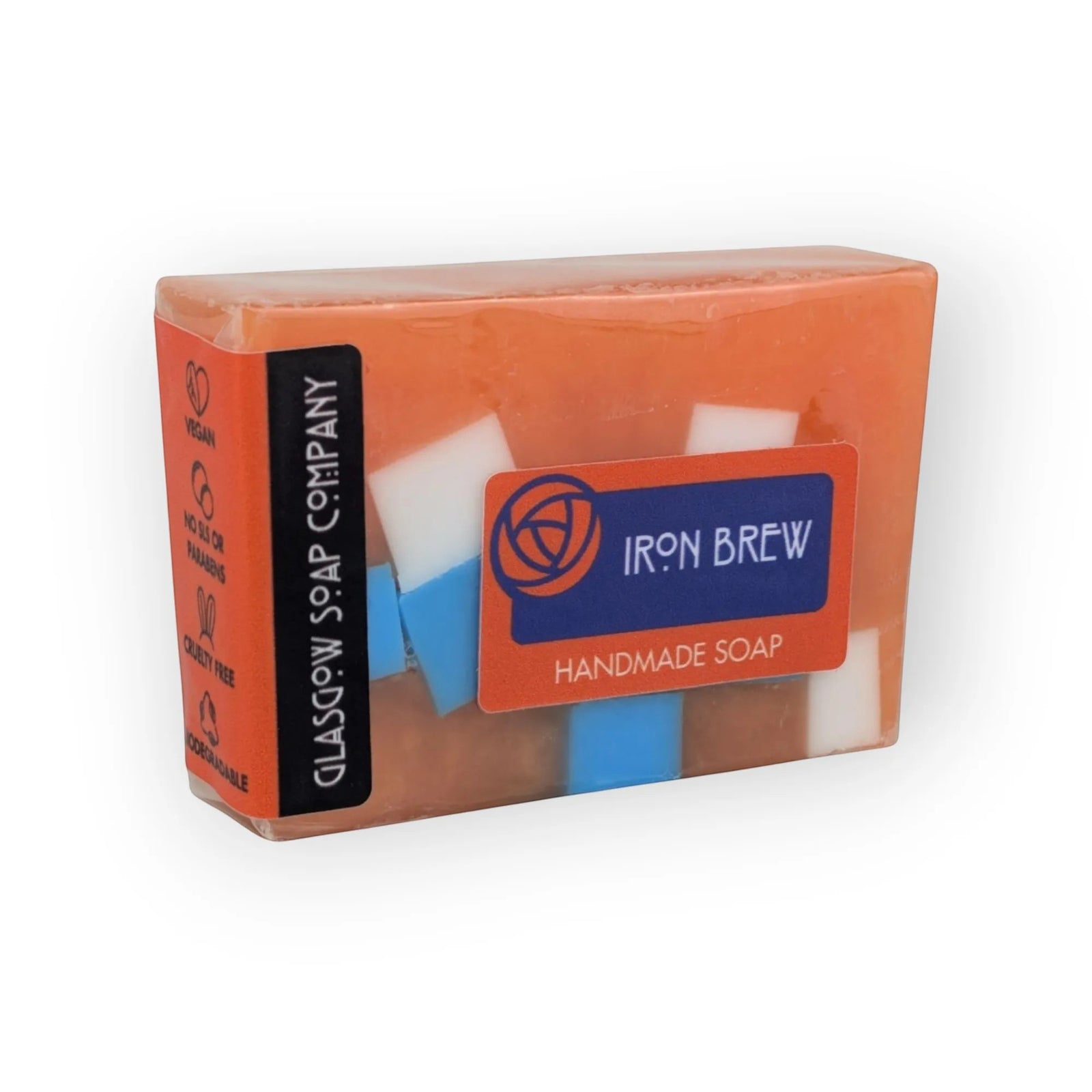 Glasgow Soap Company Ltd Iron Brew handmade soap with orange, white, and blue chunks. Vegan and cruelty-free.