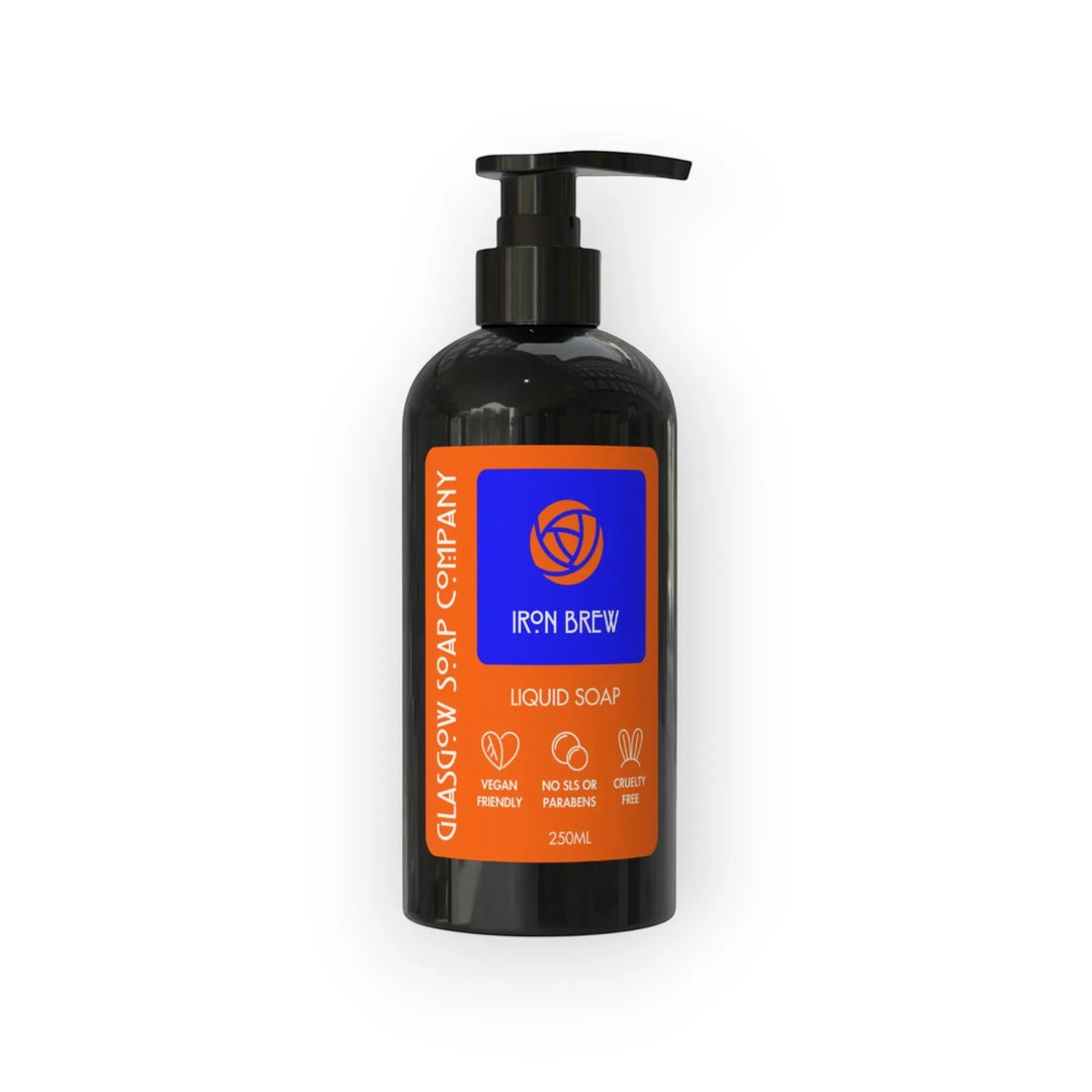 Glasgow Soap Company Ltd Iron Brew liquid soap with vegan, no SLS or parabens, cruelty-free labels.