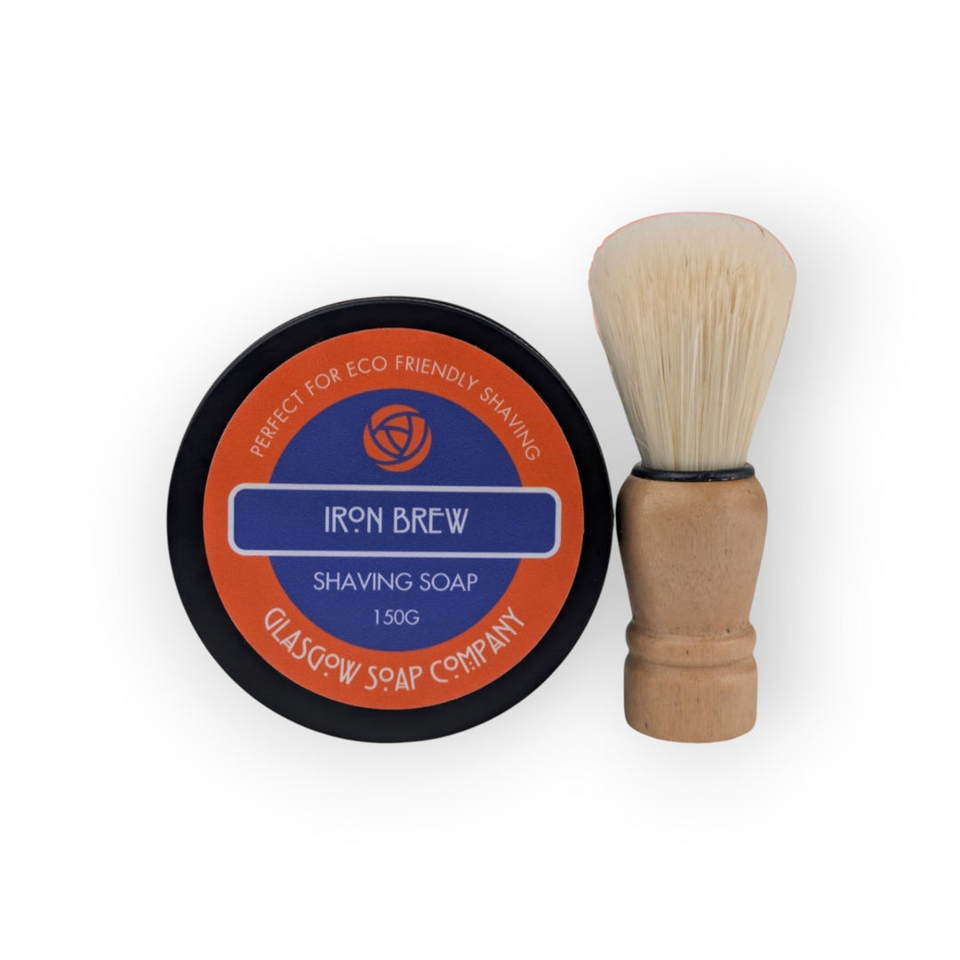 Glasgow Soap Company Ltd Iron Brew vegan shaving soap in a tin with a wooden handled brush. 150g.