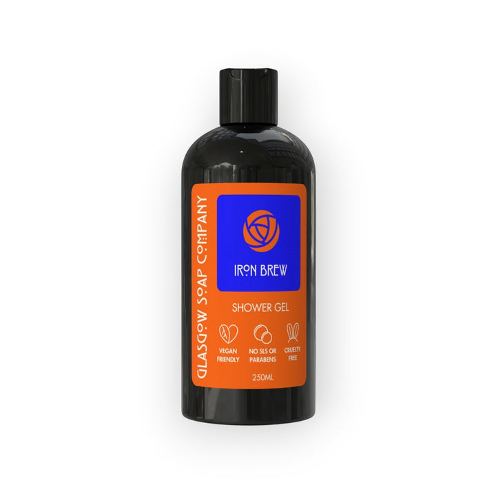 Glasgow Soap Company Ltd Iron Brew shower gel, 250ml bottle. Vegan, no SLS or parabens, cruelty-free.