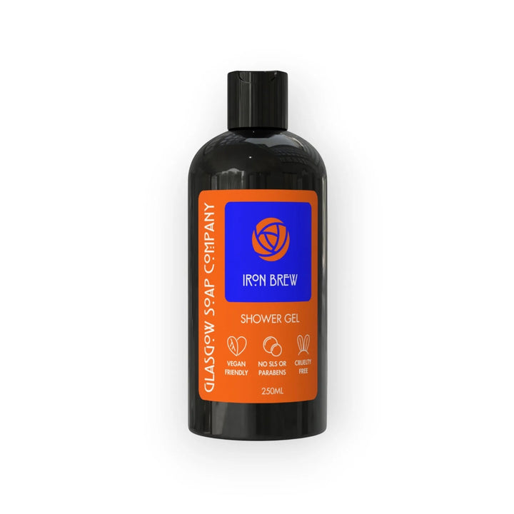 Glasgow Soap Company Ltd Iron Brew shower gel, 250ml bottle. Vegan, no SLS or parabens, cruelty-free.