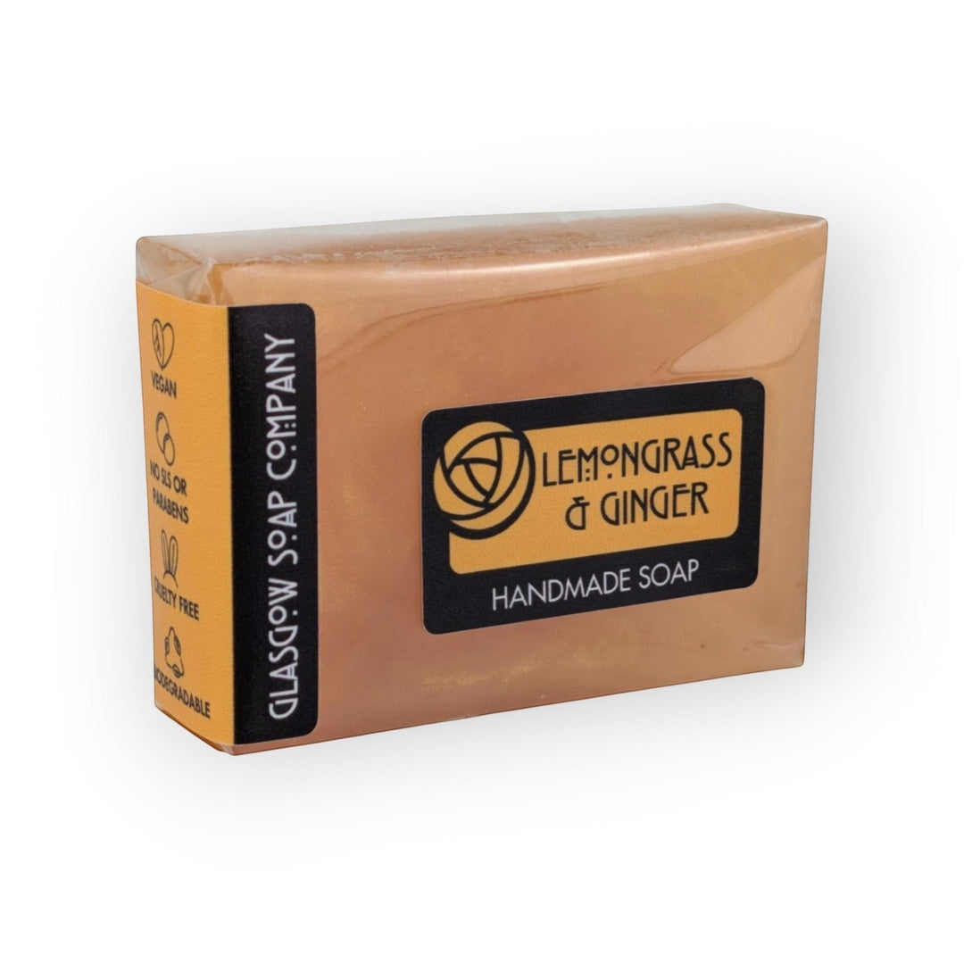 Glasgow Soap Company Ltd Lemongrass &amp; Ginger handmade soap bar, vegan, SLS &amp; paraben free, biodegradable packaging.