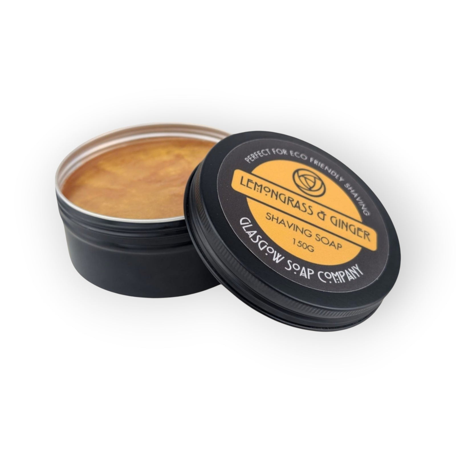 Glasgow Soap Company Lemongrass & Ginger shaving soap in a black tin, vegan, 150g.