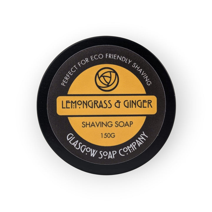 Glasgow Soap Company Lemongrass &amp; Ginger shaving soap in a black tin, 150g, vegan friendly.