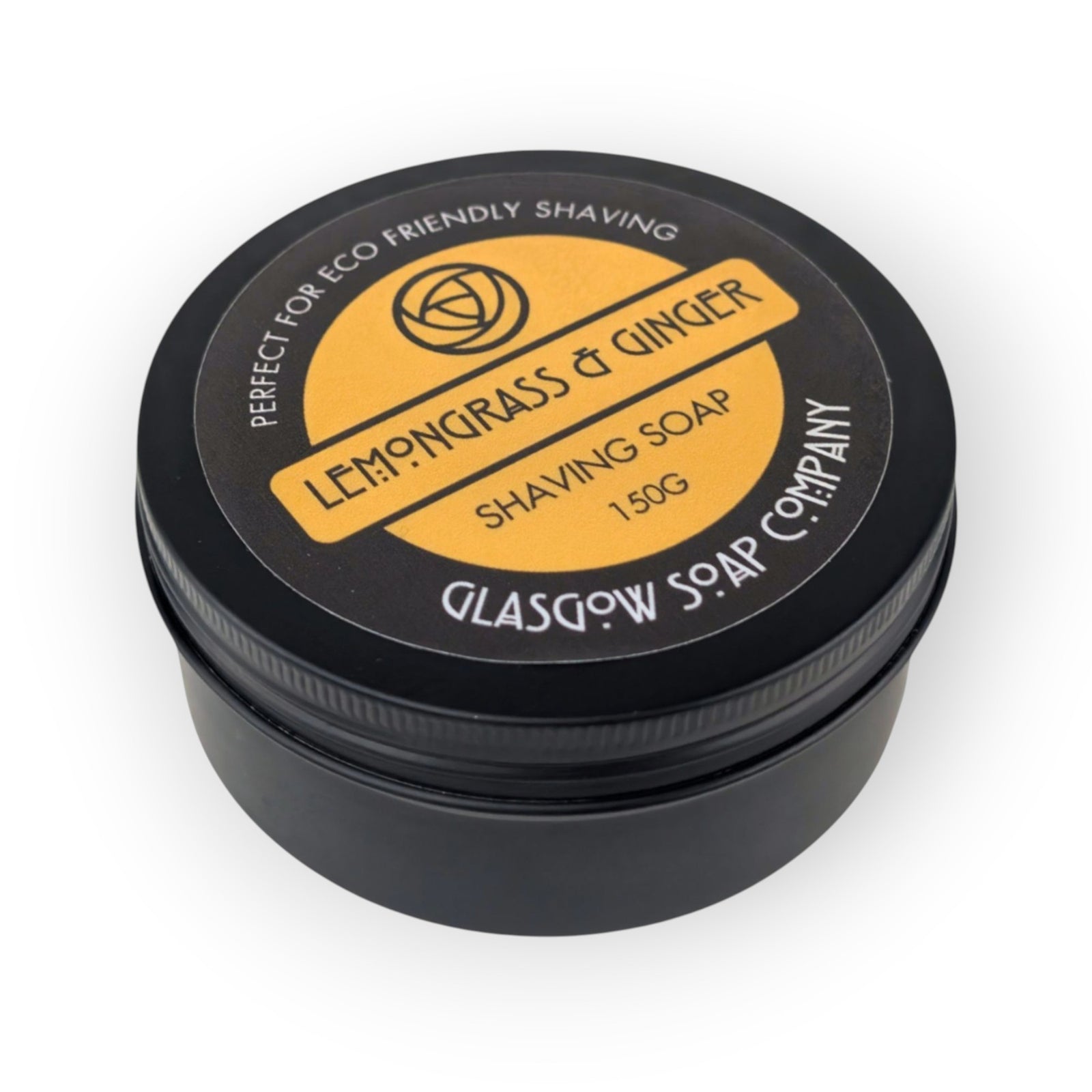 Glasgow Soap Company Lemongrass & Ginger vegan shaving soap in a black tin, 150g.