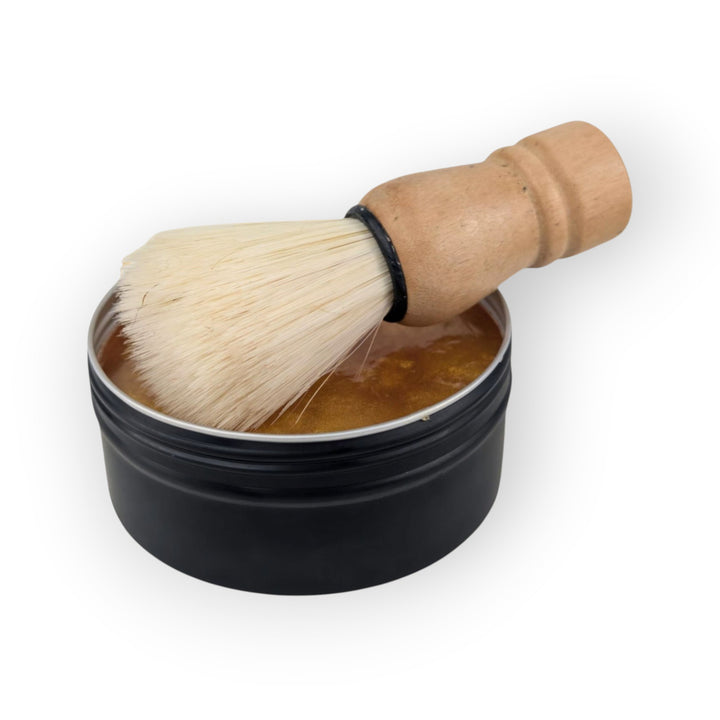 Glasgow Soap Company Ltd Lemongrass &amp; Ginger shaving soap in black tin with wooden handled brush. Vegan.