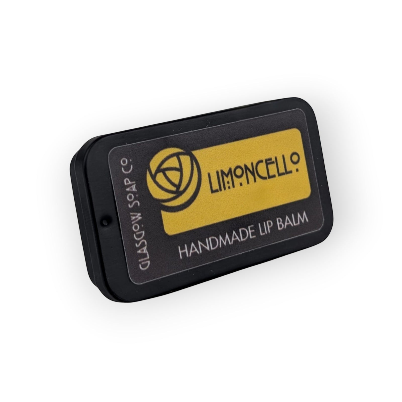 Glasgow Soap Company Ltd Limoncello handmade lip balm in a black tin with yellow label. Natural oils, shea butter, beeswax.