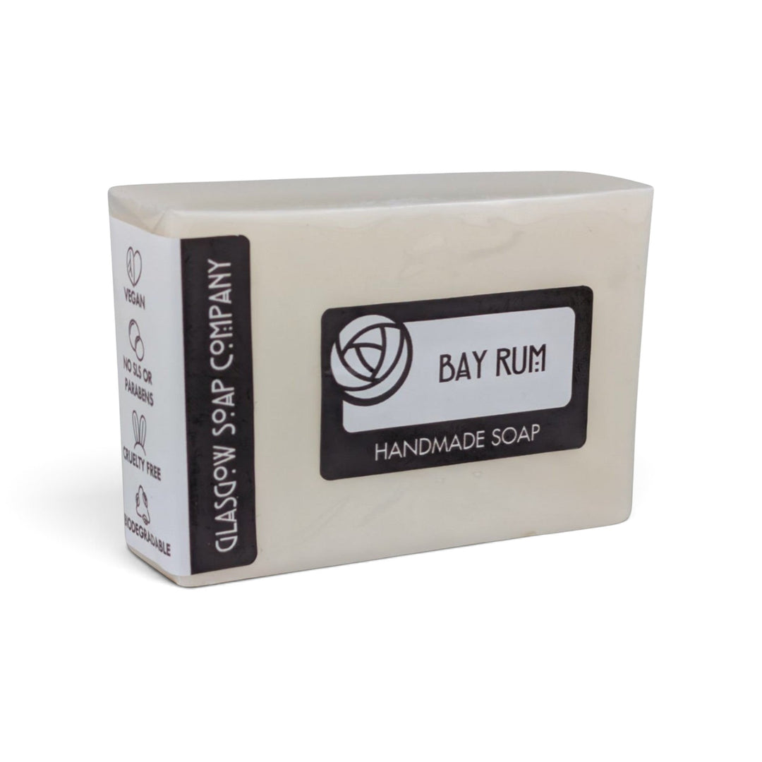 Glasgow Soap Company Ltd vegan Bay Rum handmade soap bar with warm spicy fragrance in biodegradable packaging.