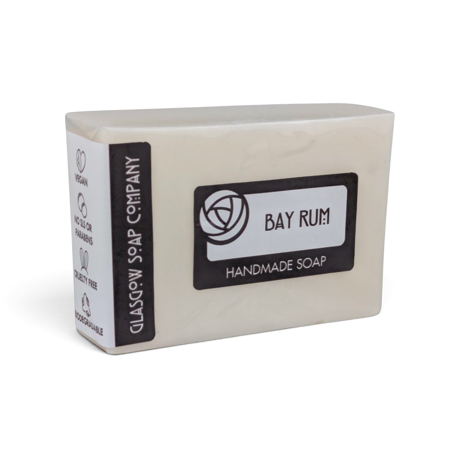 Glasgow Soap Company Ltd vegan Bay Rum handmade soap bar with warm spicy fragrance in biodegradable packaging.