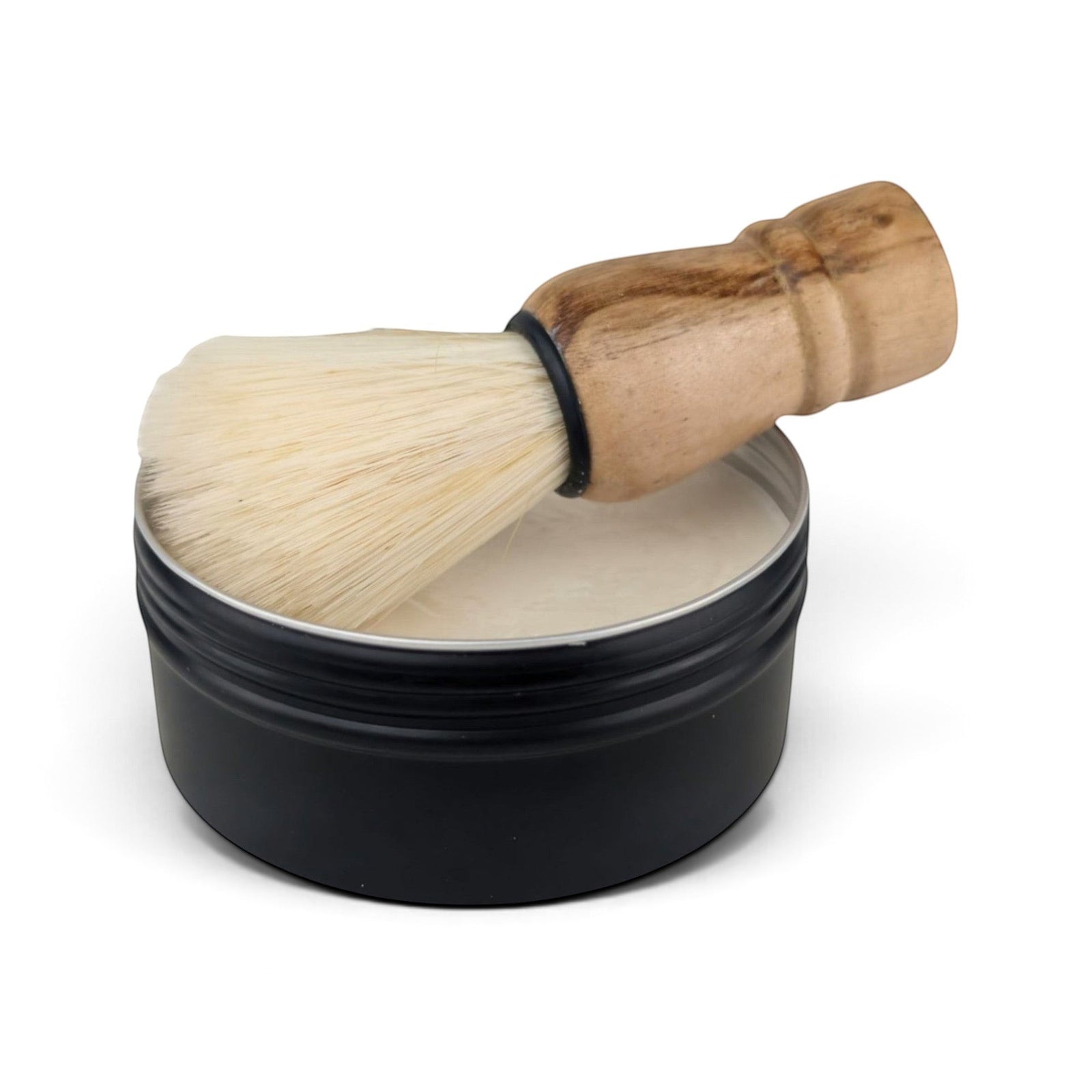 Glasgow Soap Company Ltd Bay Rum shaving soap in a black tin with a wooden vegan shaving brush