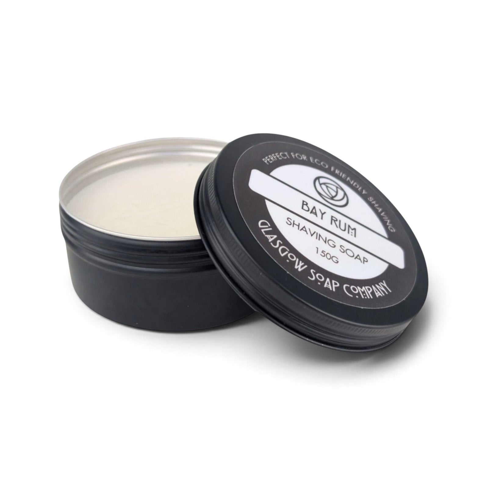 Glasgow Soap Company Ltd Bay Rum shaving soap in a recyclable black aluminium tin with lid open