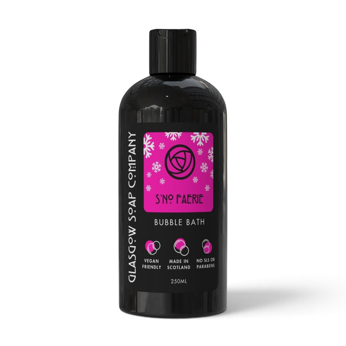 Glasgow Soap Company Ltd S'No Faerie bubble bath in a 250ml black bottle with a pink snowflake label