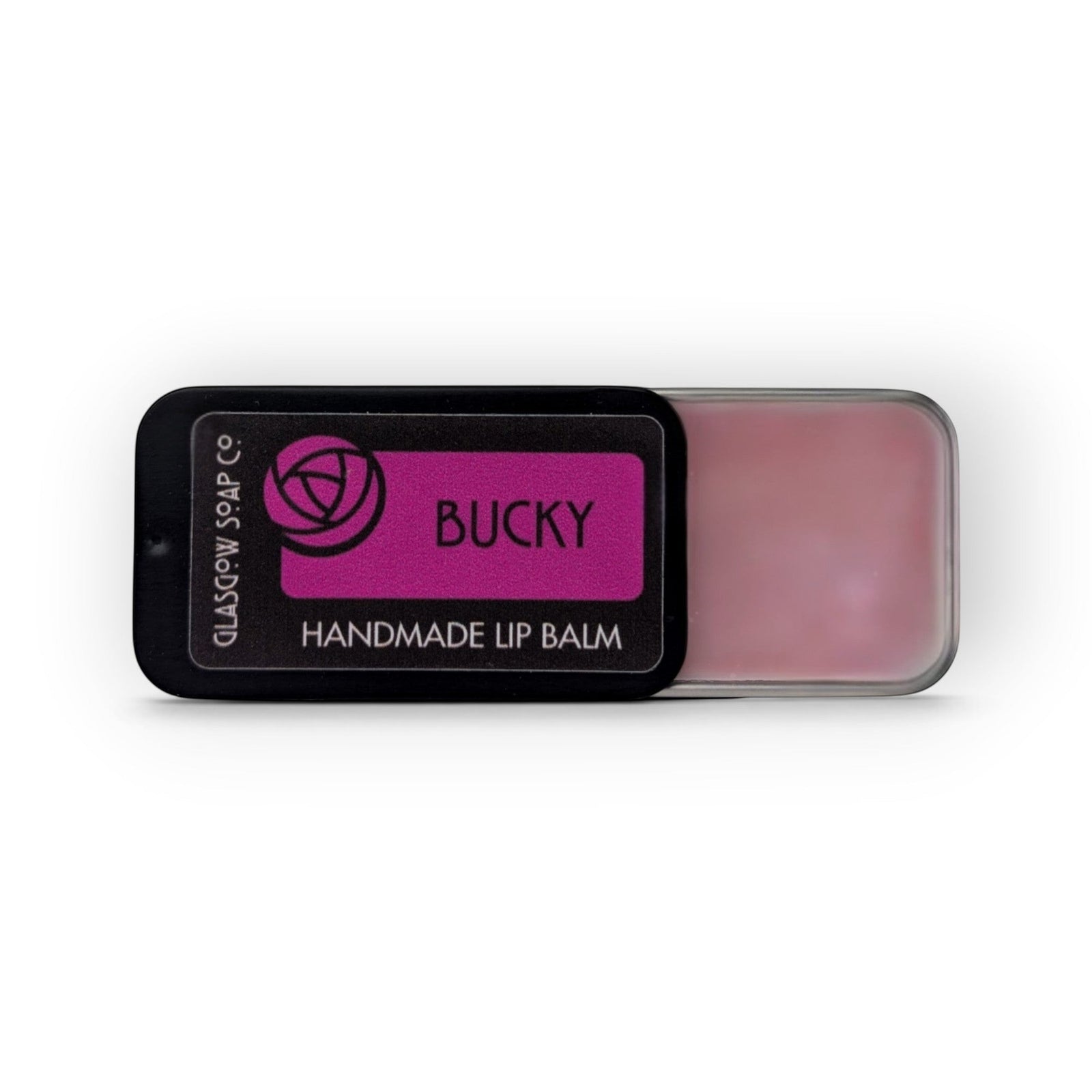 Glasgow Soap Company Ltd Bucky lip balm in a sliding black tin with pink balm, handmade in Scotland.