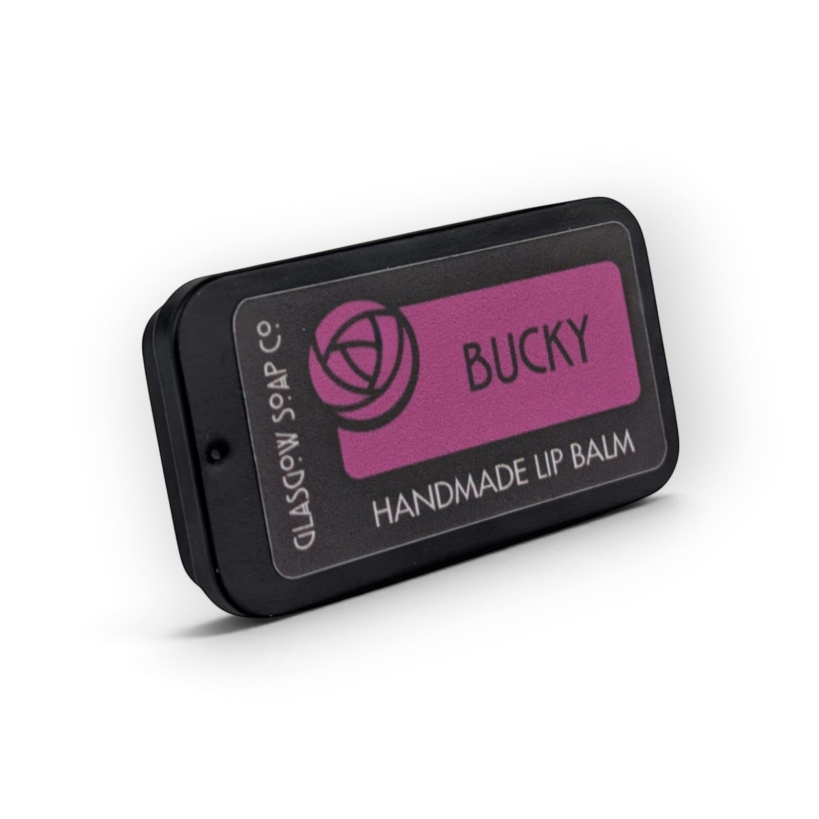 Glasgow Soap Company Ltd Bucky lip balm in a small black sliding tin with a purple label