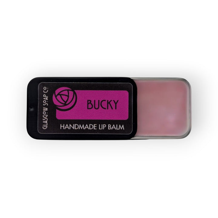 Glasgow Soap Company Ltd Bucky handmade lip balm in a tin, made with coconut oil, shea butter, and beeswax.