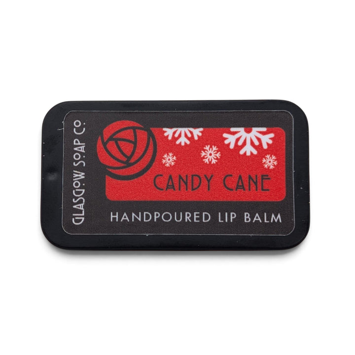 Glasgow Soap Company Ltd Candy Cane peppermint lip balm in a black sliding tin with festive snowflake design