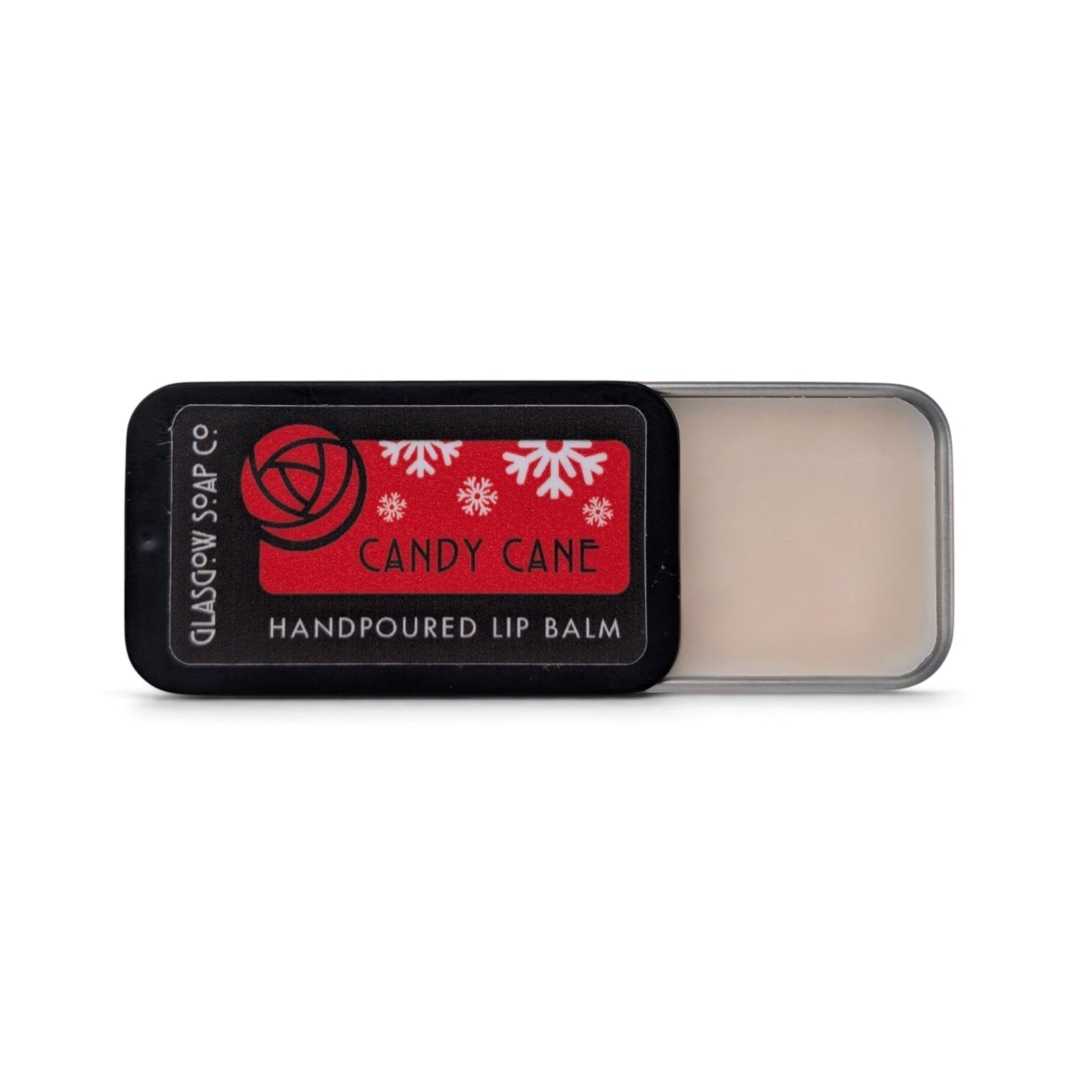 Glasgow Soap Company Ltd Candy Cane peppermint lip balm in a sliding metal tin with festive snowflake design