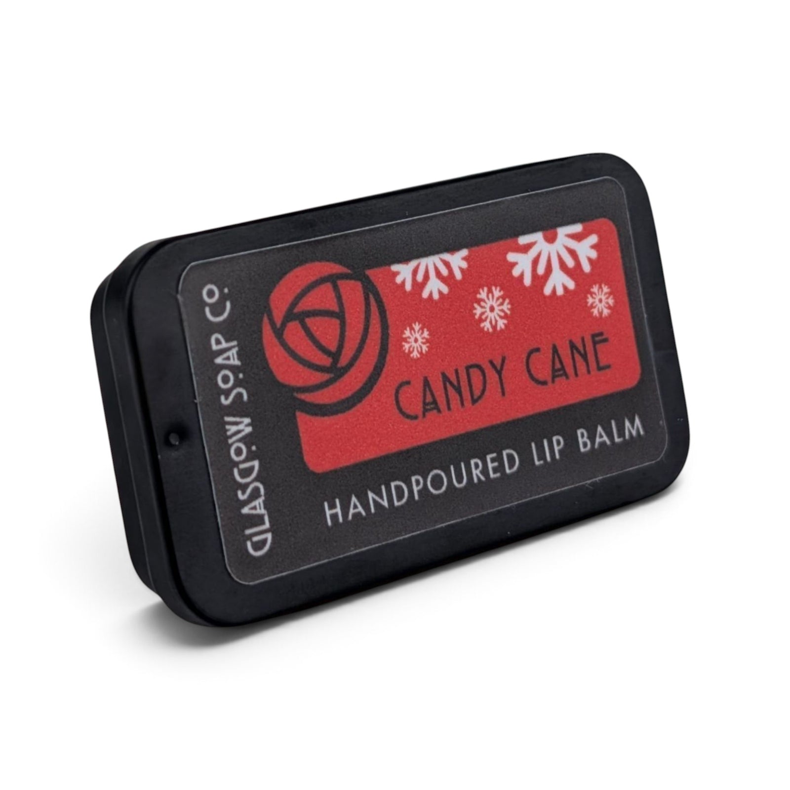 Glasgow Soap Company Ltd Candy Cane peppermint lip balm in a black sliding tin with festive red snowflake label
