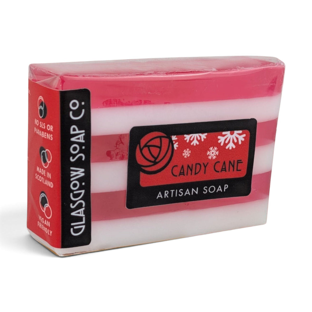 Glasgow Soap Company Ltd Candy Cane artisan soap bar with festive red and white stripes in biodegradable packaging
