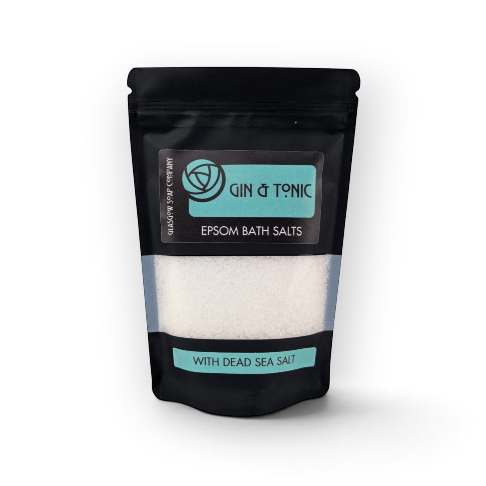 Glasgow Soap Company Ltd Gin & Tonic bath salts in a black recyclable sachet with Epsom and Dead Sea salt blend.