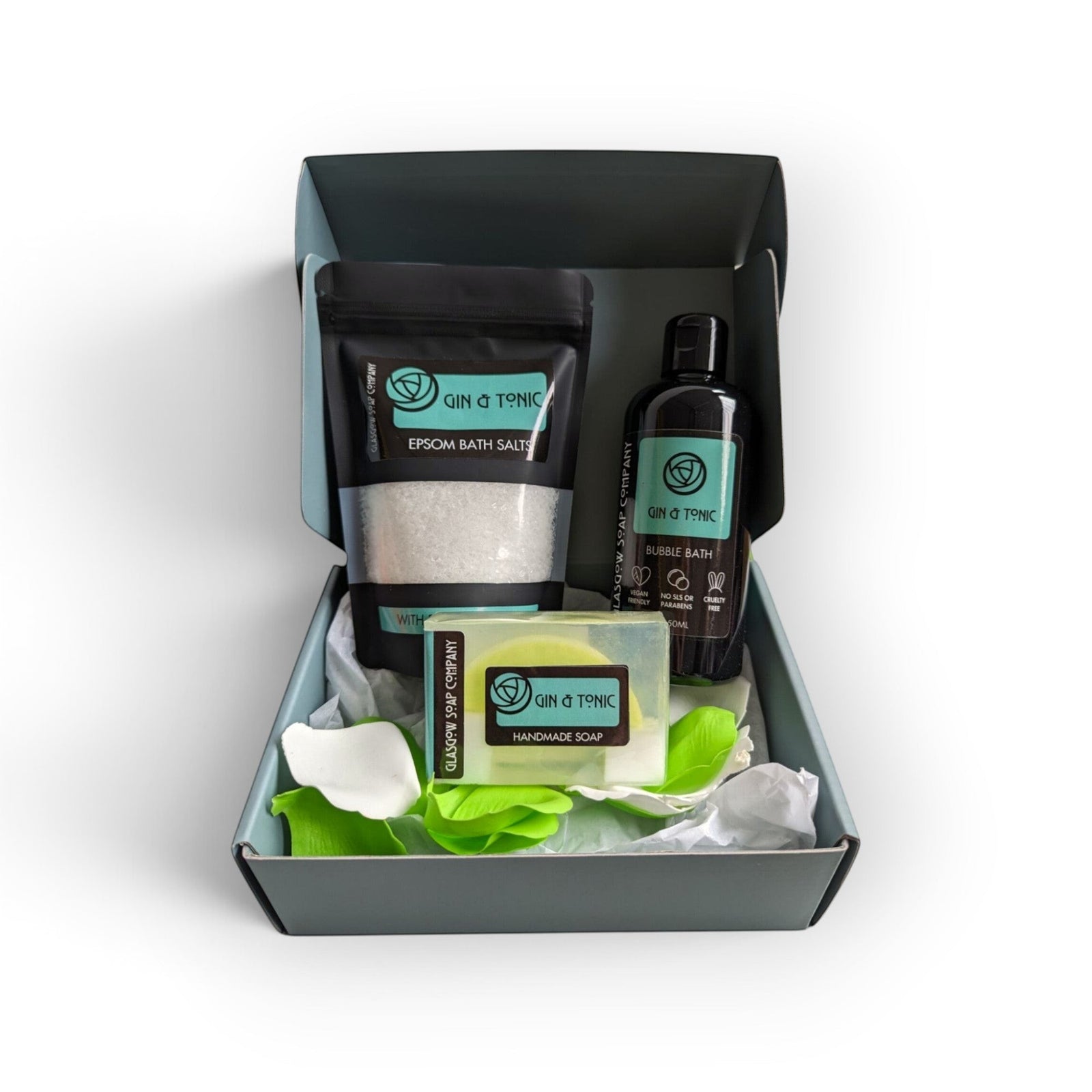 Glasgow Soap Company Ltd Gin & Tonic bath set with epsom salts, bubble bath, handmade soap, and green soap petals.