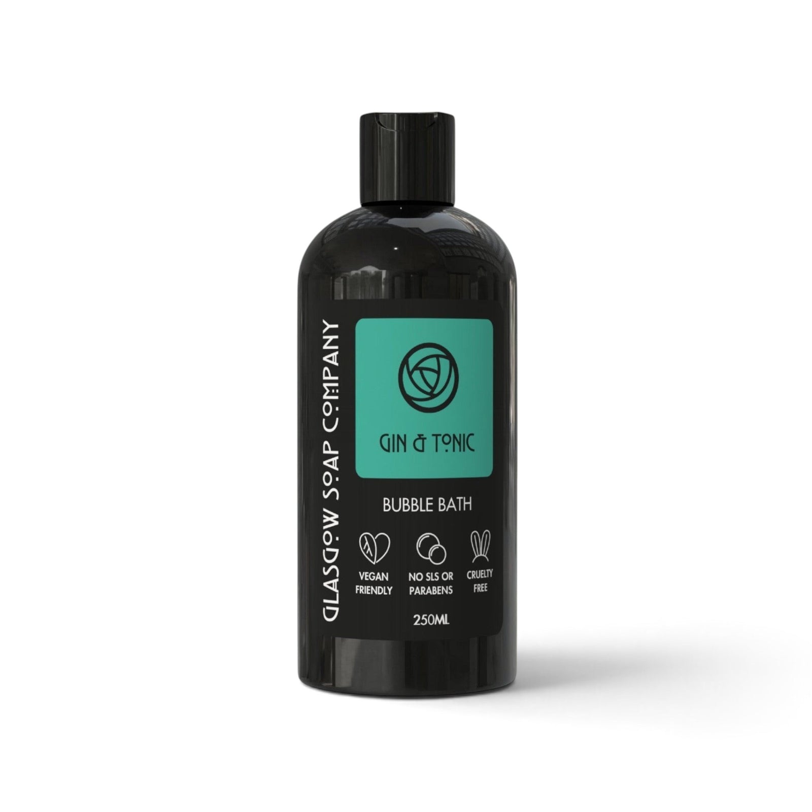 Glasgow Soap Company Ltd Gin & Tonic bubble bath in a sleek 250ml black bottle with a teal label.