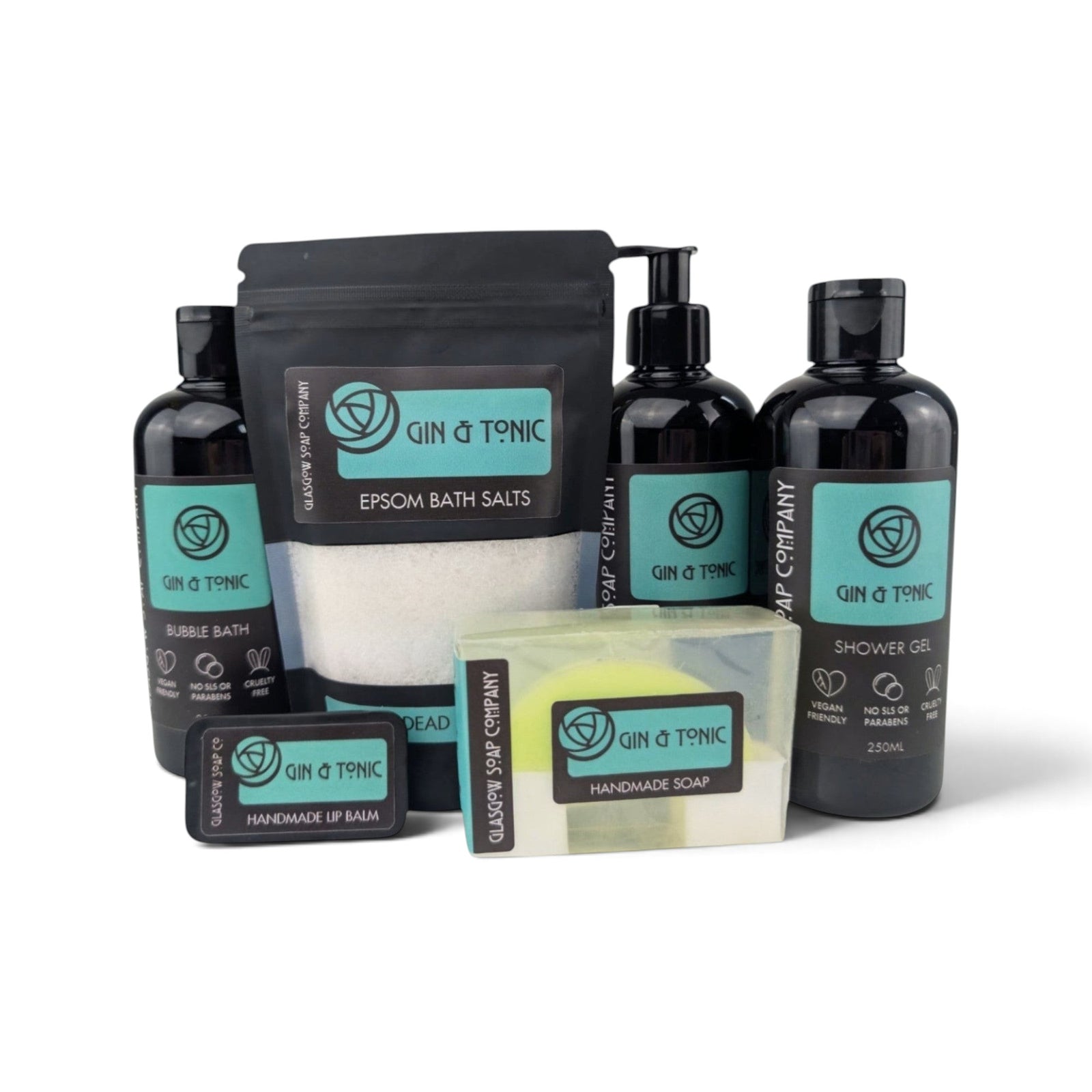 Glasgow Soap Company Ltd Gin & Tonic collection featuring liquid soap, bath salts, shower gel, soap bar, and lip balm.
