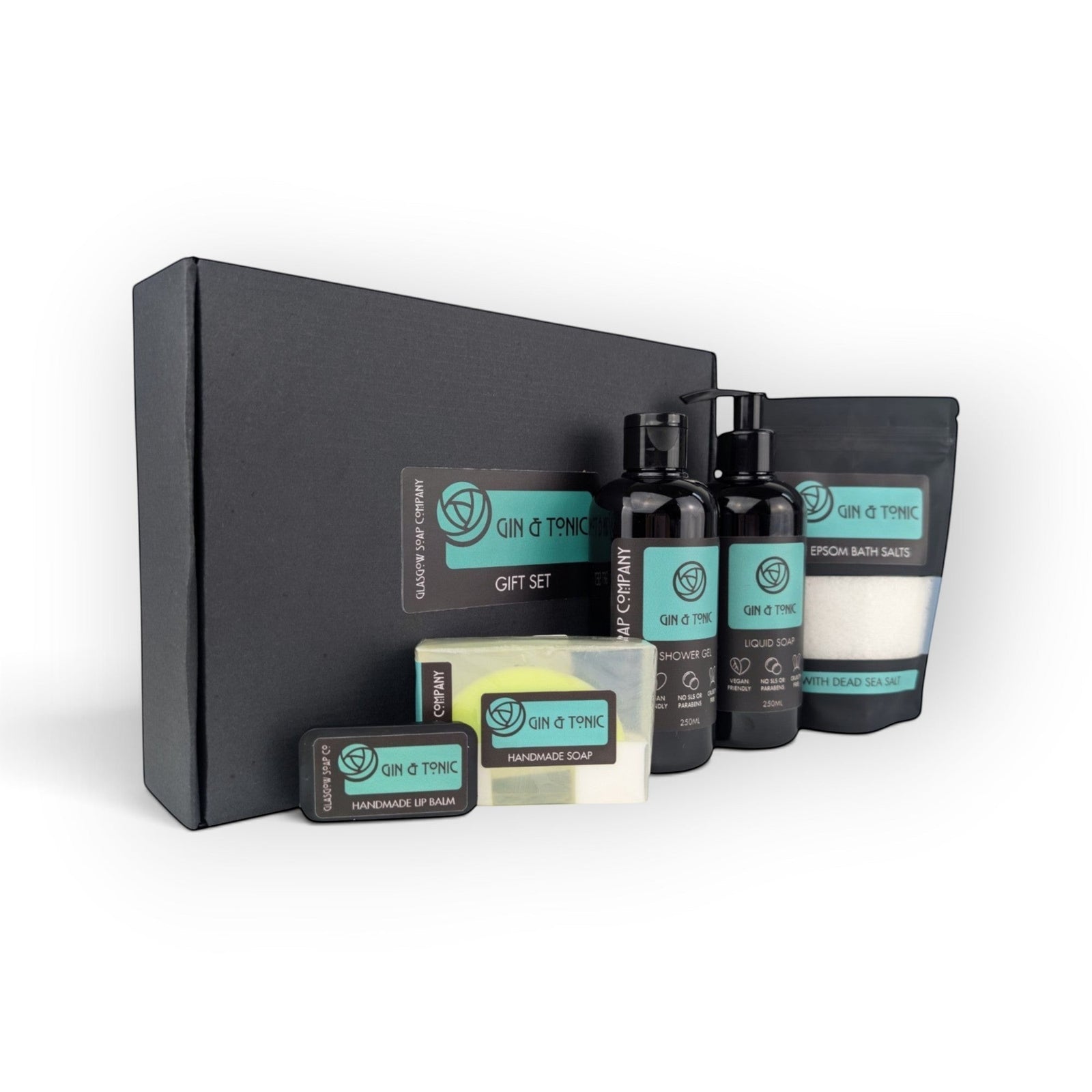 Glasgow Soap Company Ltd Gin & Tonic large gift set featuring bath and body products in a black presentation box.