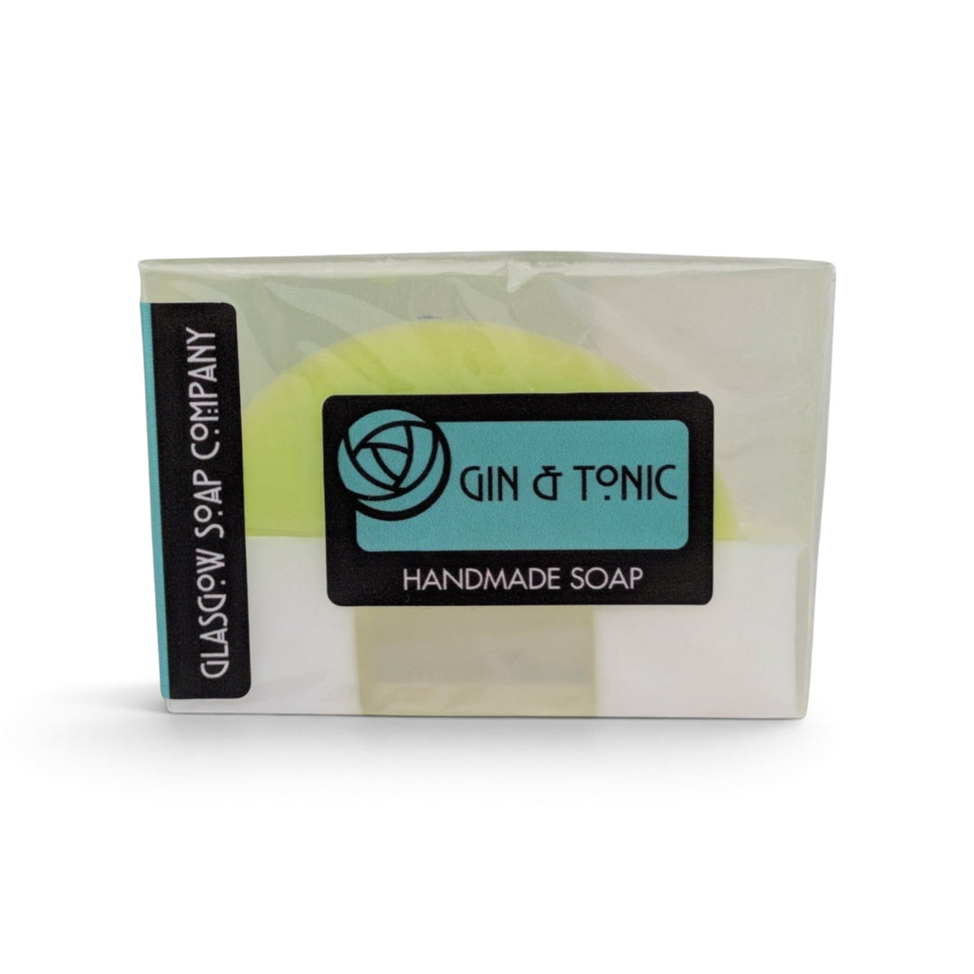 Glasgow Soap Company Ltd Gin &amp; Tonic handmade soap bar in clear protective packaging with lime green botanical scent