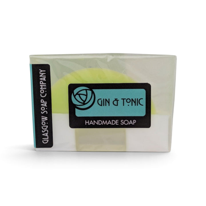 Glasgow Soap Company Ltd Gin &amp; Tonic handmade soap bar in clear protective packaging with lime green botanical scent