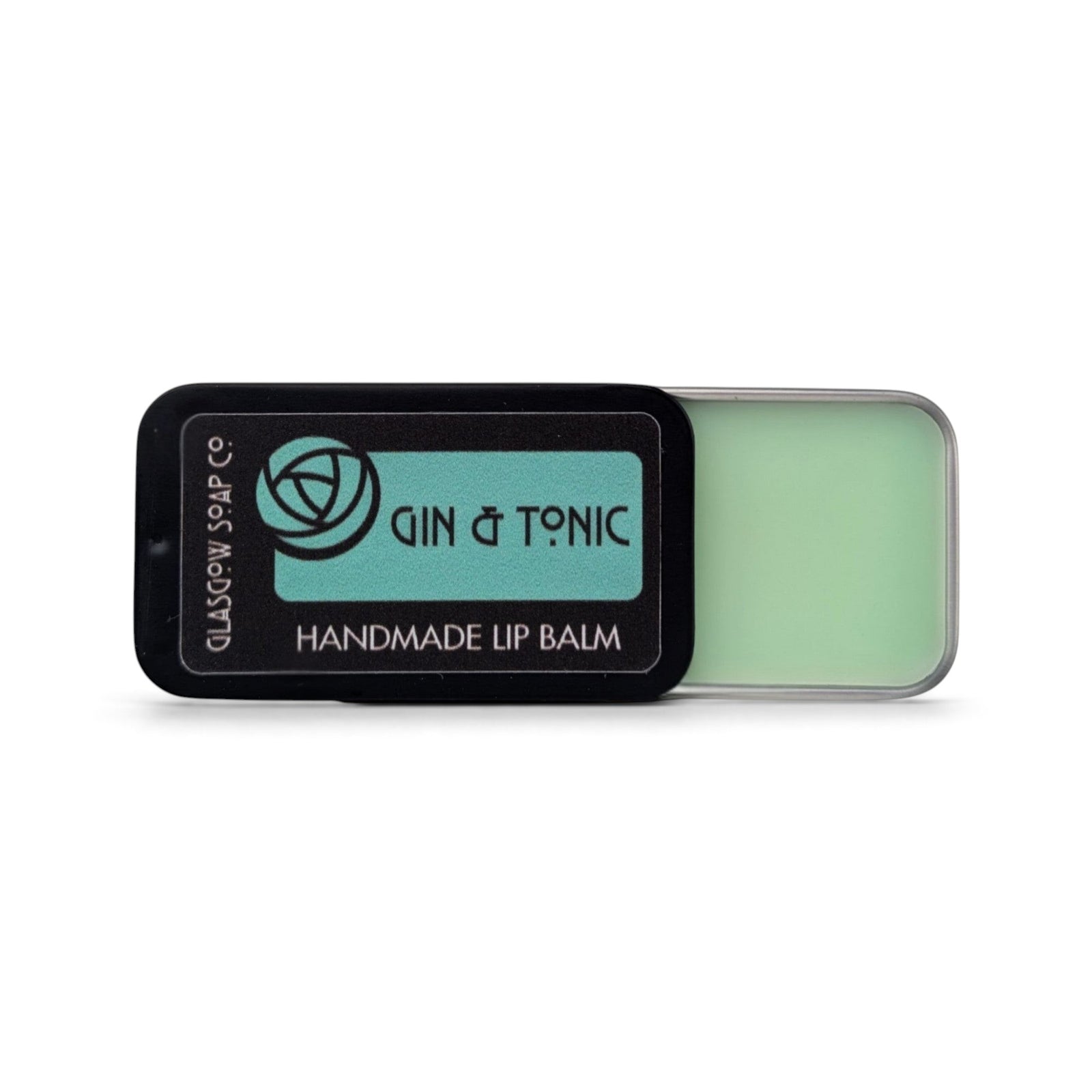 Glasgow Soap Company Ltd Gin & Tonic lip balm in a black sliding tin with light green balm