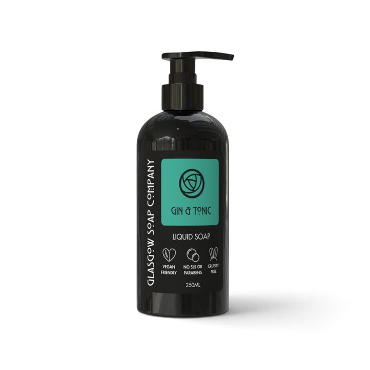 Glasgow Soap Company Ltd Gin &amp; Tonic liquid soap in a black 250ml pump bottle with a teal label.