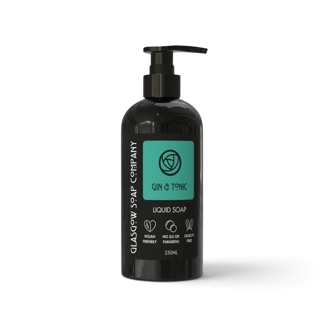 Glasgow Soap Company Ltd Gin &amp; Tonic liquid soap in a 250ml black pump bottle with a teal label.