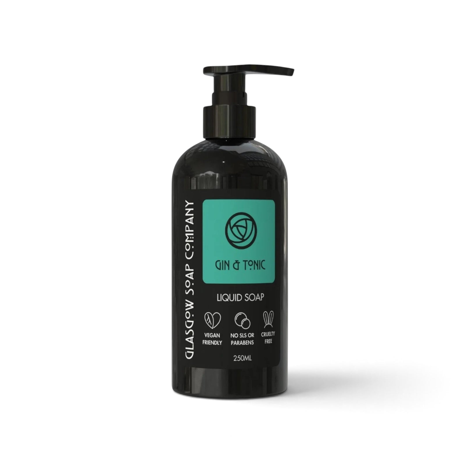 Glasgow Soap Company Ltd Gin & Tonic liquid soap in a 250ml black pump bottle with a teal label.