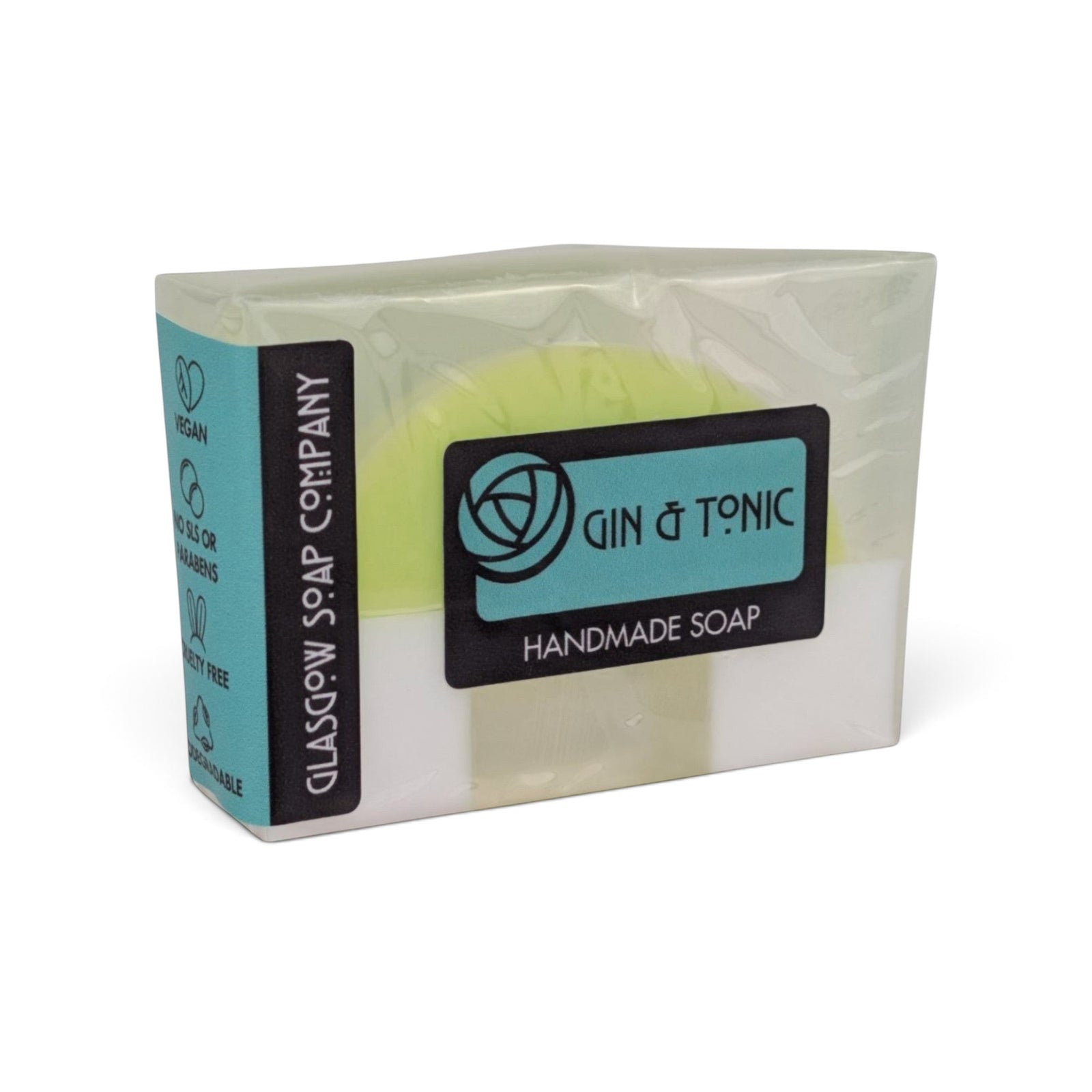 Glasgow Soap Company Ltd Gin & Tonic handmade soap bar with lime slice detail in biodegradable packaging