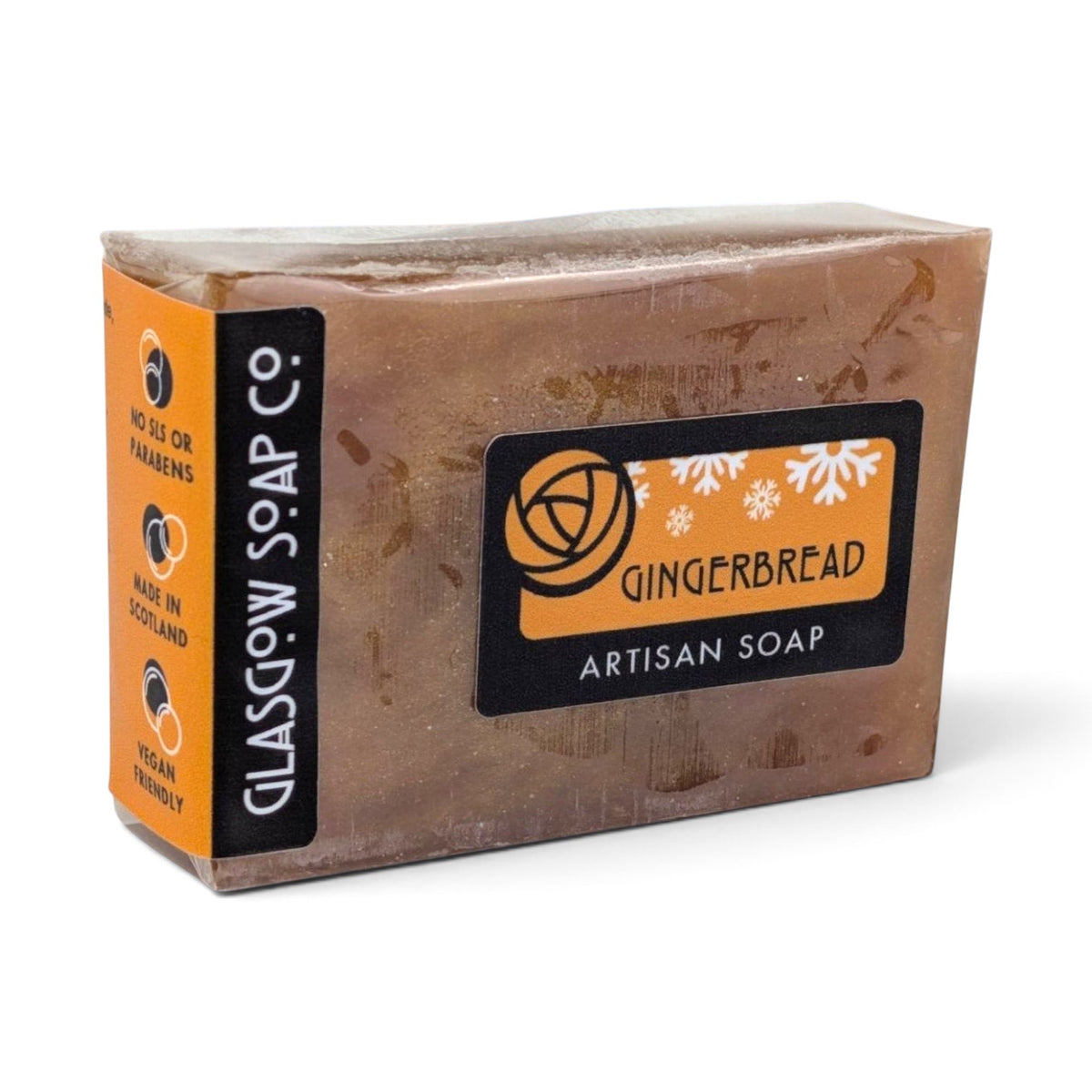 Glasgow Soap Company Ltd gingerbread scented handmade artisan soap bar in festive orange and brown packaging
