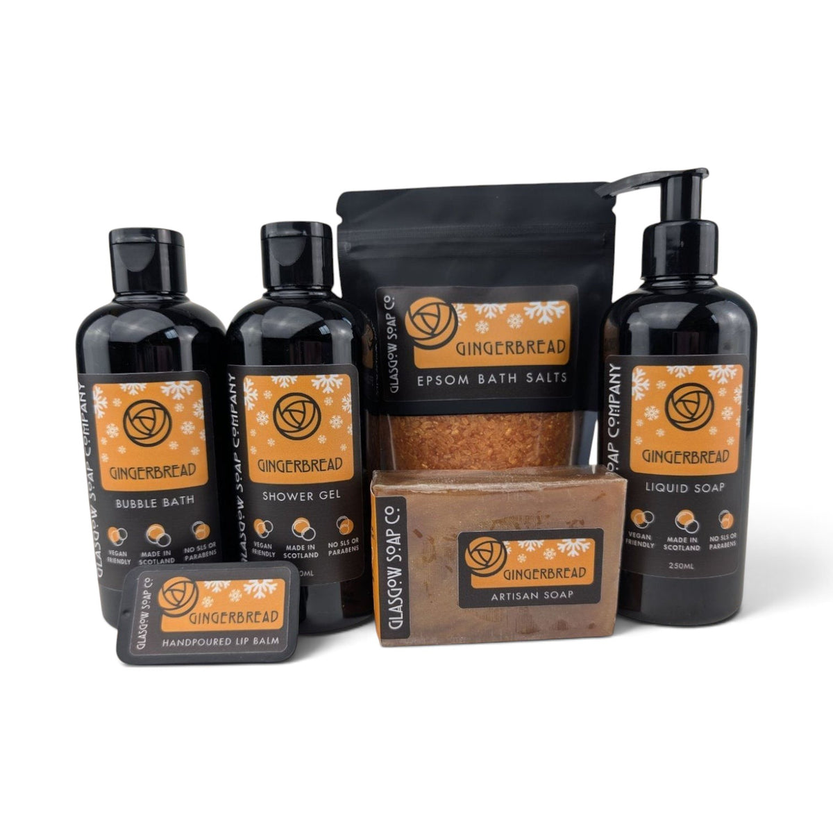 Glasgow Soap Company Ltd Gingerbread bath collection featuring bubble bath, shower gel, salts, liquid soap, and soap bar