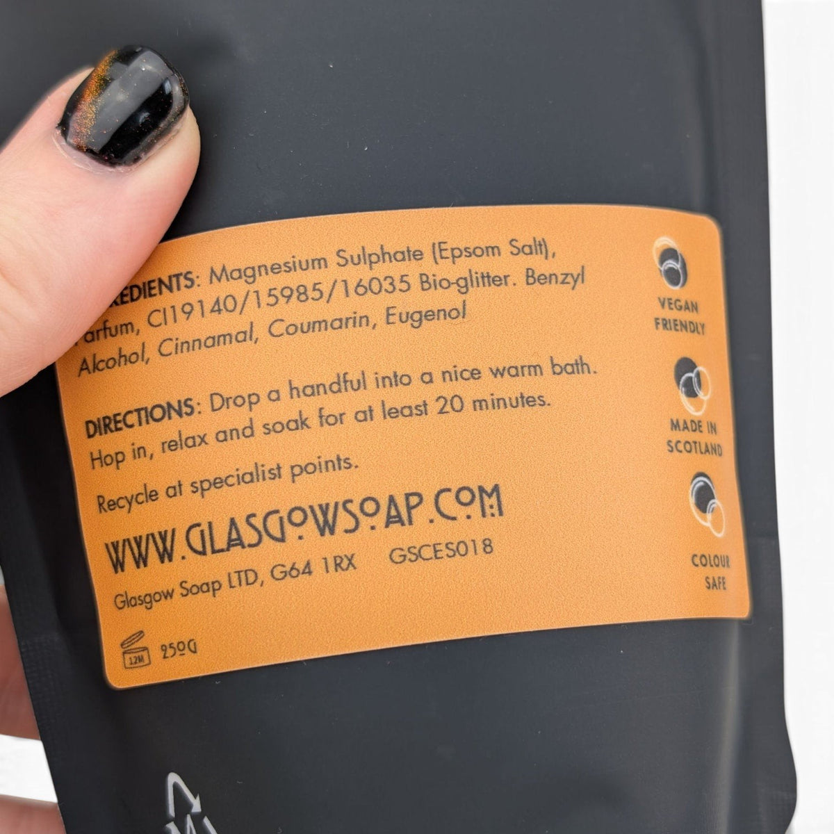 Glasgow Soap Company Ltd gingerbread bath salts label on a black recyclable sachet with ingredient list