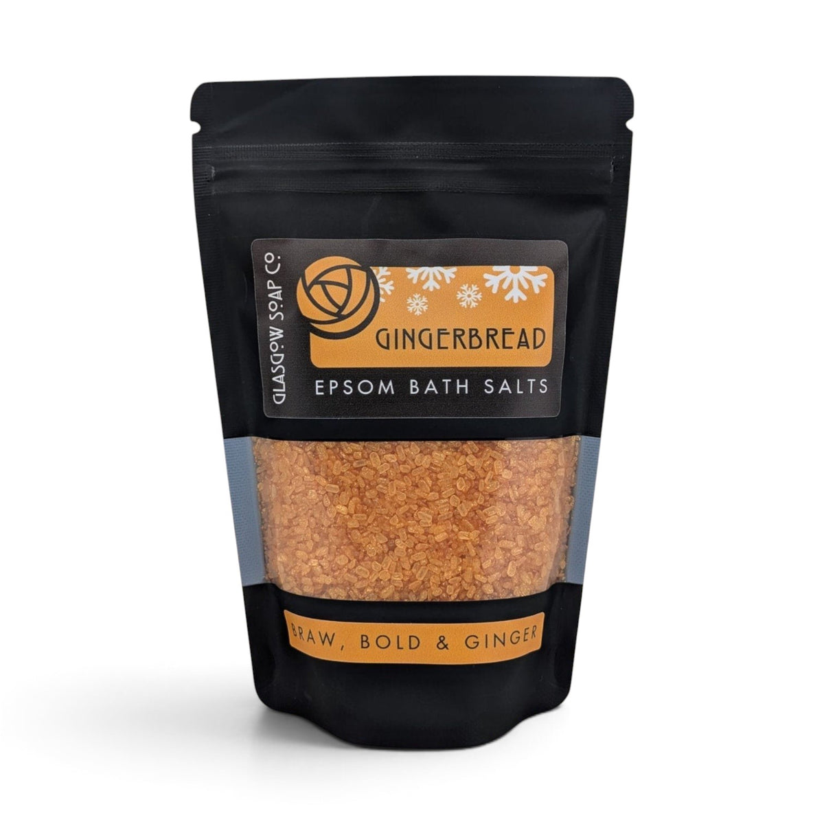 Glasgow Soap Company Ltd gingerbread scented Epsom bath salts in a recyclable black sachet with festive branding