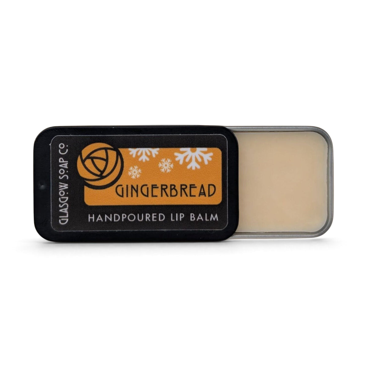 Glasgow Soap Company Ltd gingerbread lip balm in a sliding metal tin with festive snowflake design